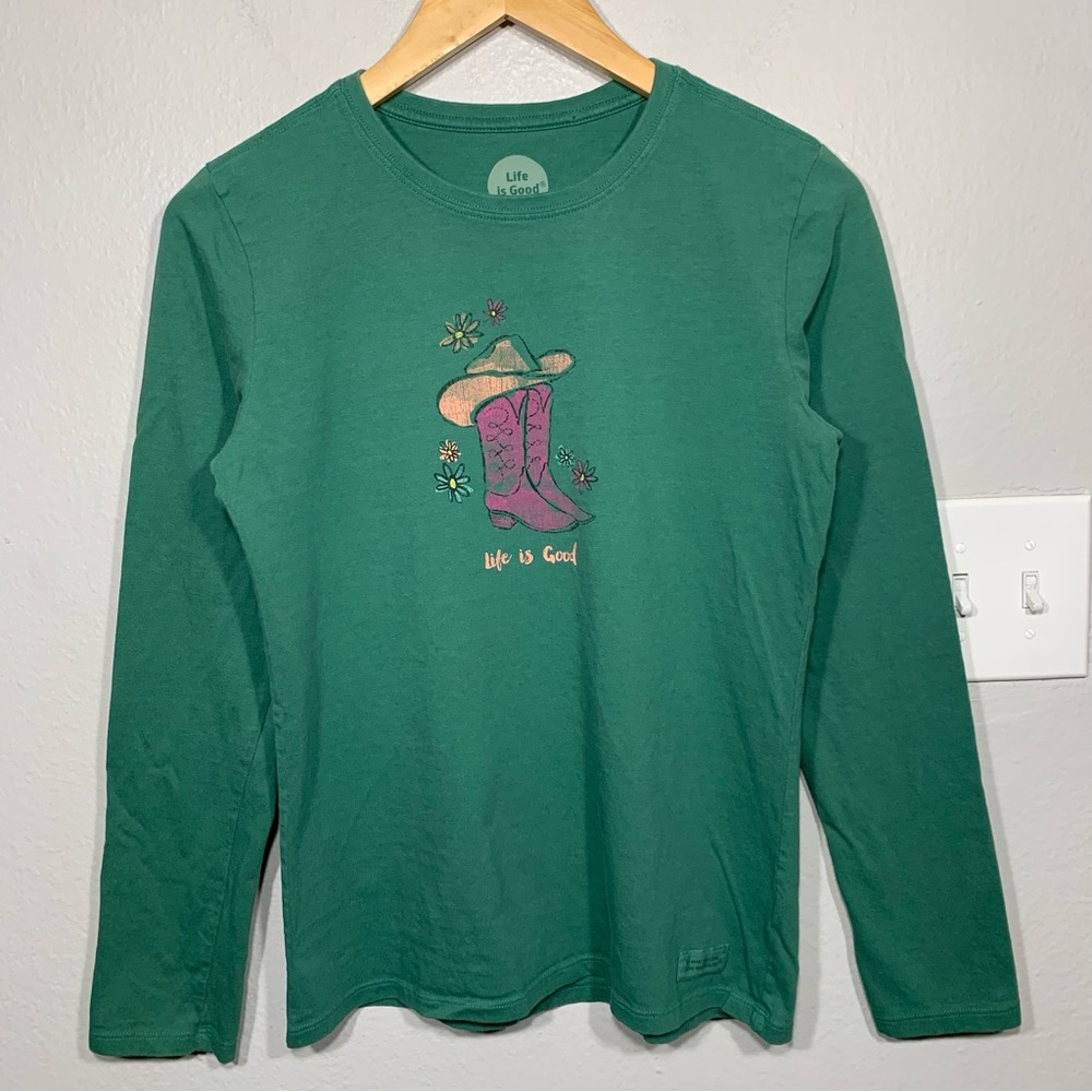 Life is Good Western Cowboy Boots Green Long Sleeve Crusher Tee Womens Small